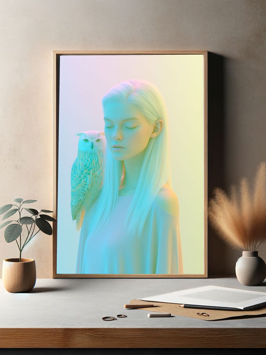 Pastel Girl and Owl Portrait Print. — room view 2