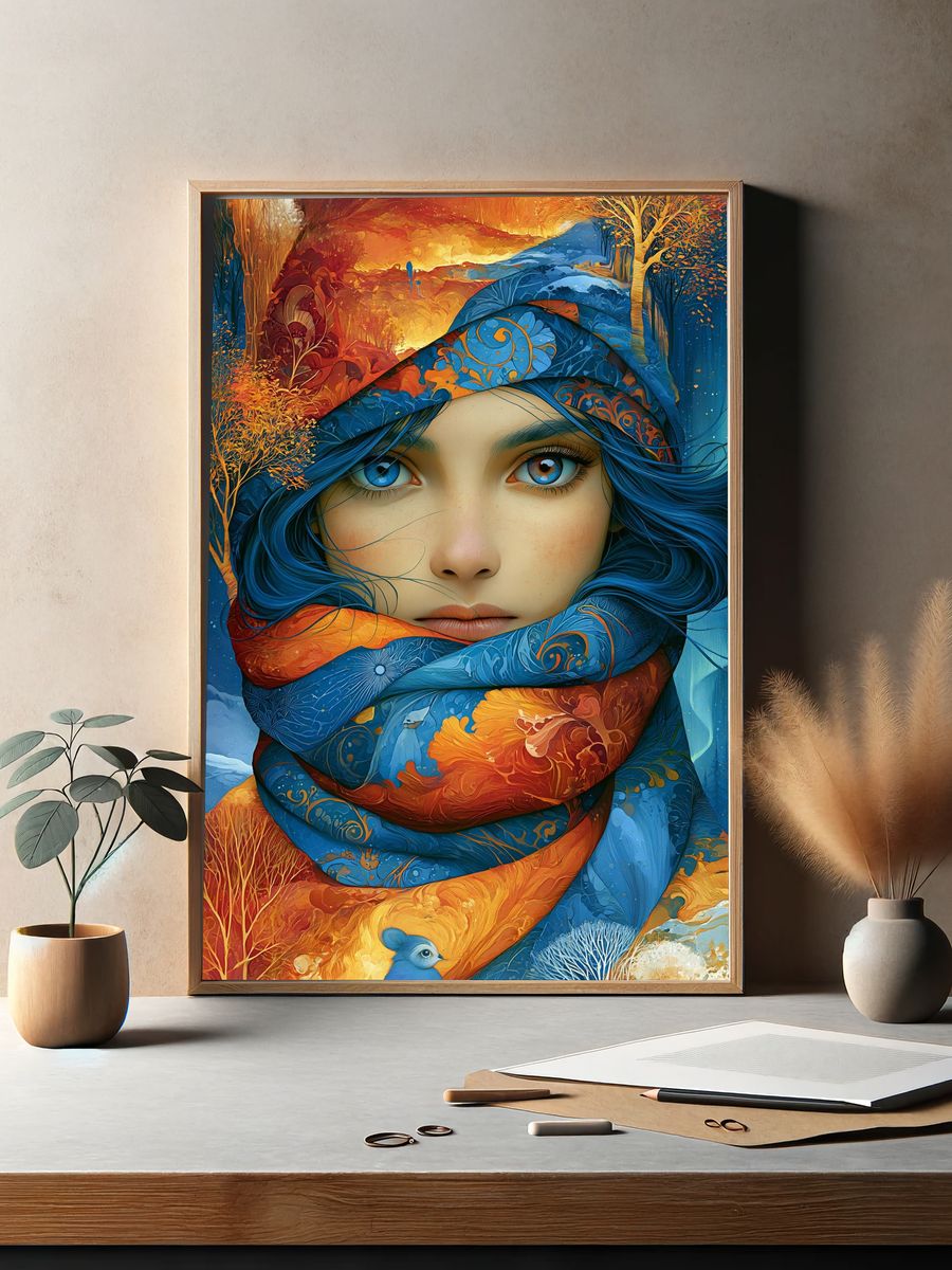 Blue-Eyed Winter Portrait Illustration Poster. — room view 2
