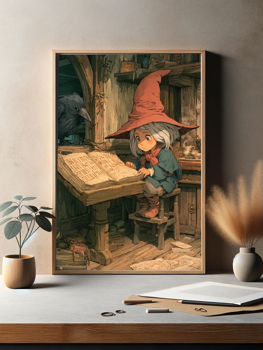 Wizard Child and Raven Illustration Poster. — room view 2