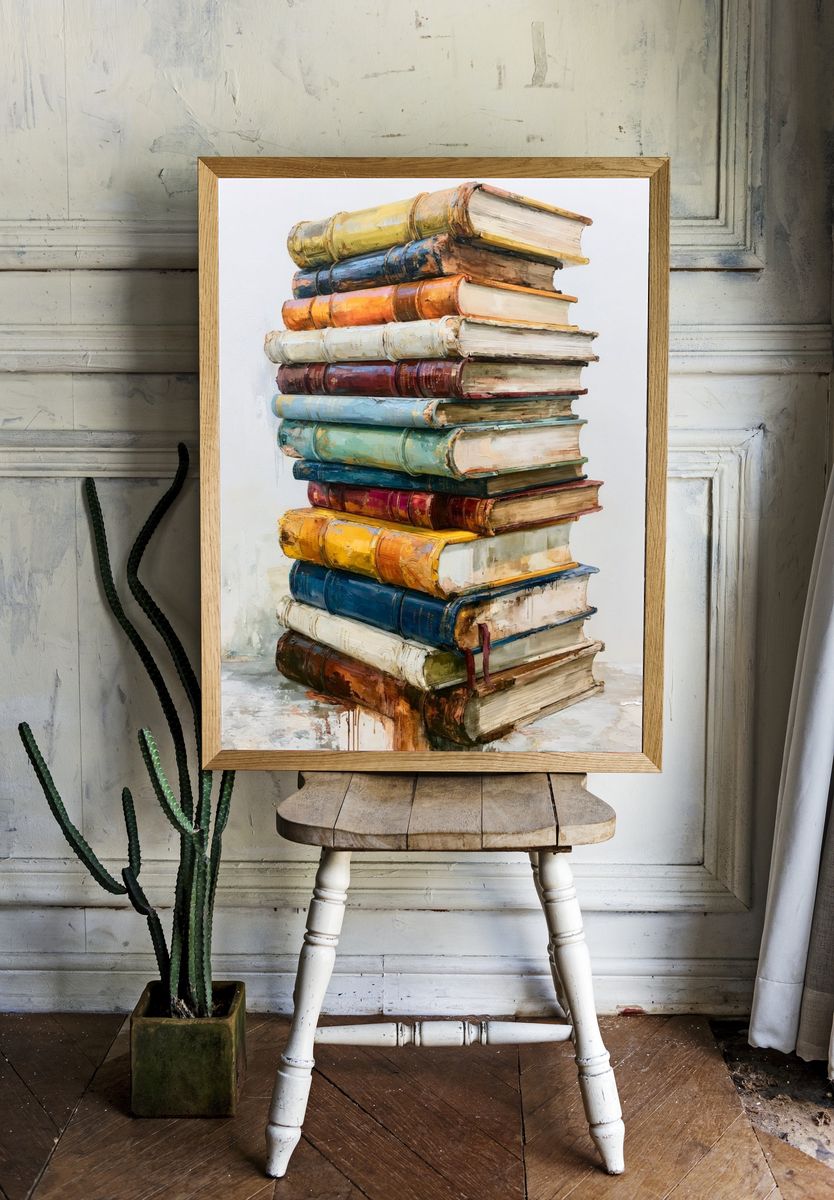 Stacked Books Illustration Print. room preview