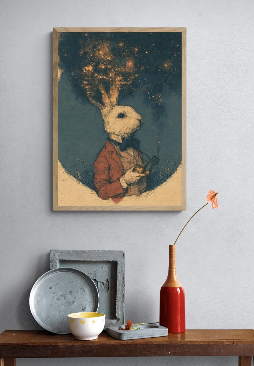 Rabbit in a Dreamscape Illustration Poster. — room view 3
