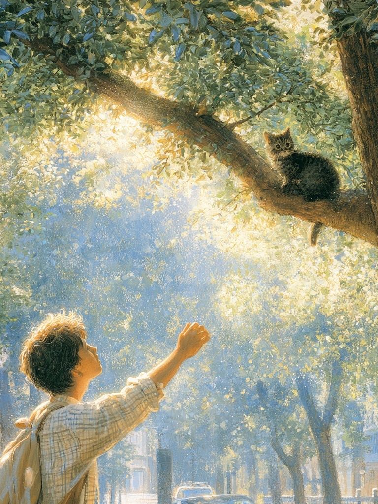 Sunlit Cat in Tree Illustration Poster. poster detail