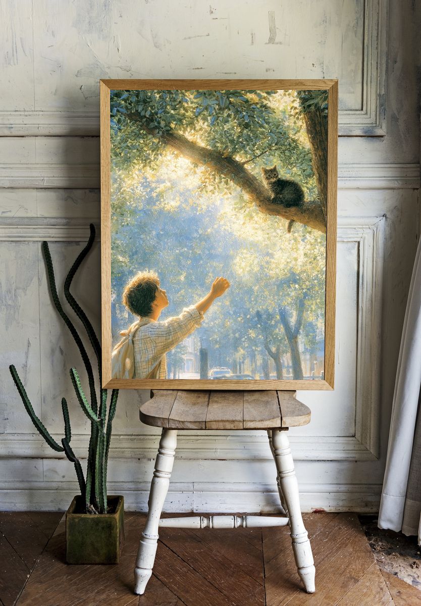 Sunlit Cat in Tree Illustration Poster. — room view 1