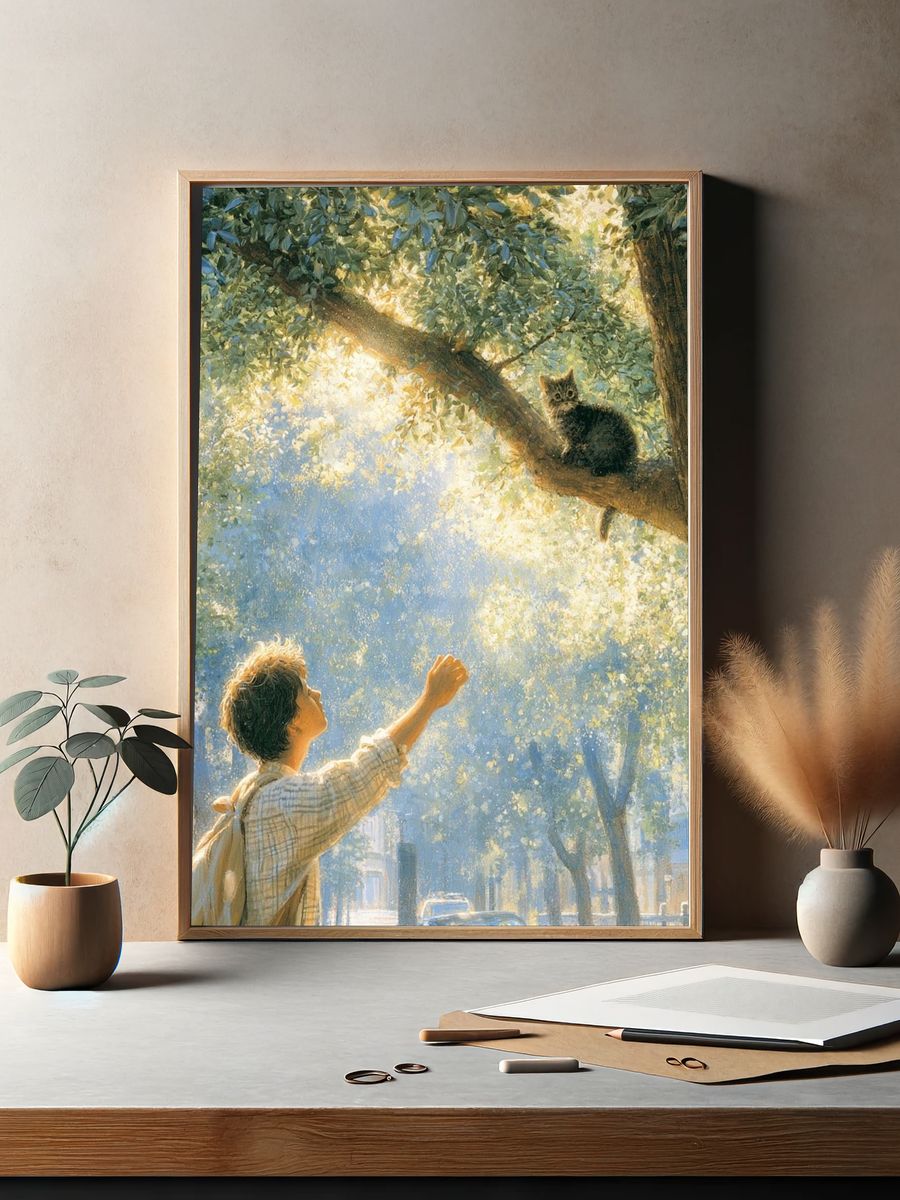 Sunlit Cat in Tree Illustration Poster. — room view 2