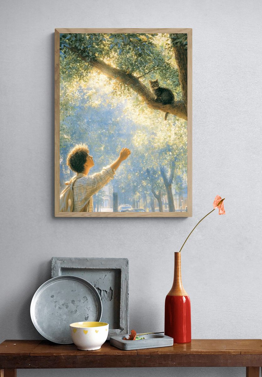 Sunlit Cat in Tree Illustration Poster. — room view 3