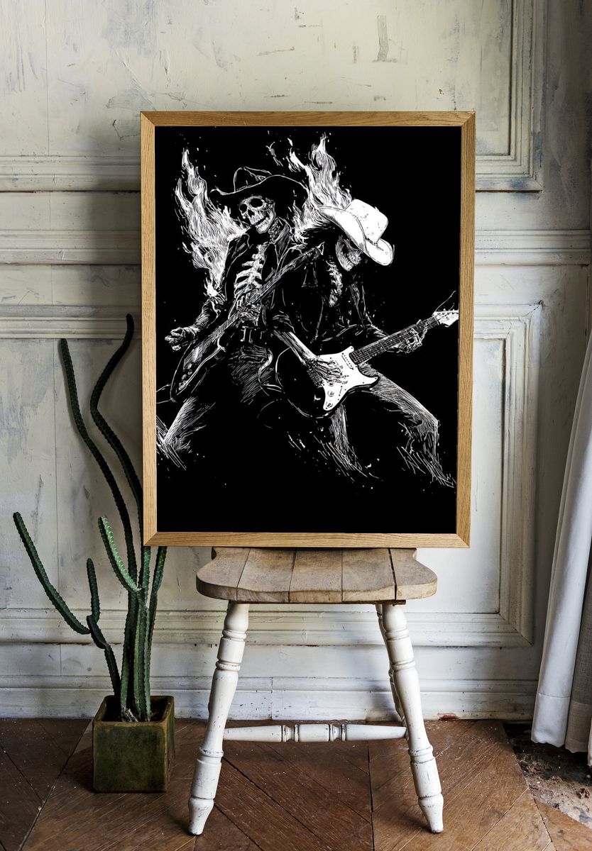 Skeleton Guitarist — Rock Illustration Print. — room view 1