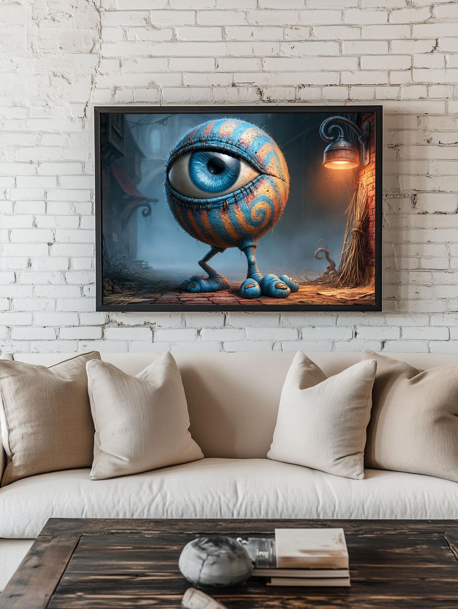 Surreal Blue Eyeball Creature Poster. room preview