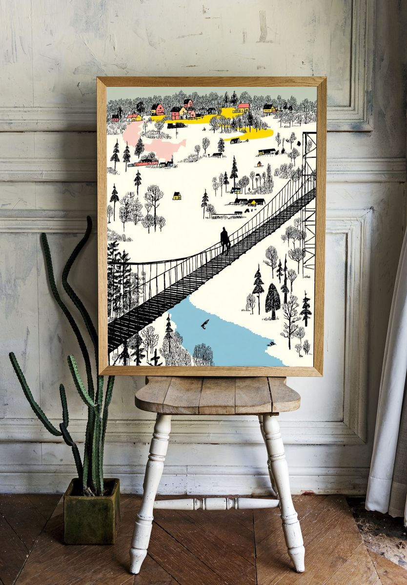 Winter Bridge Landscape Illustration Poster. room preview