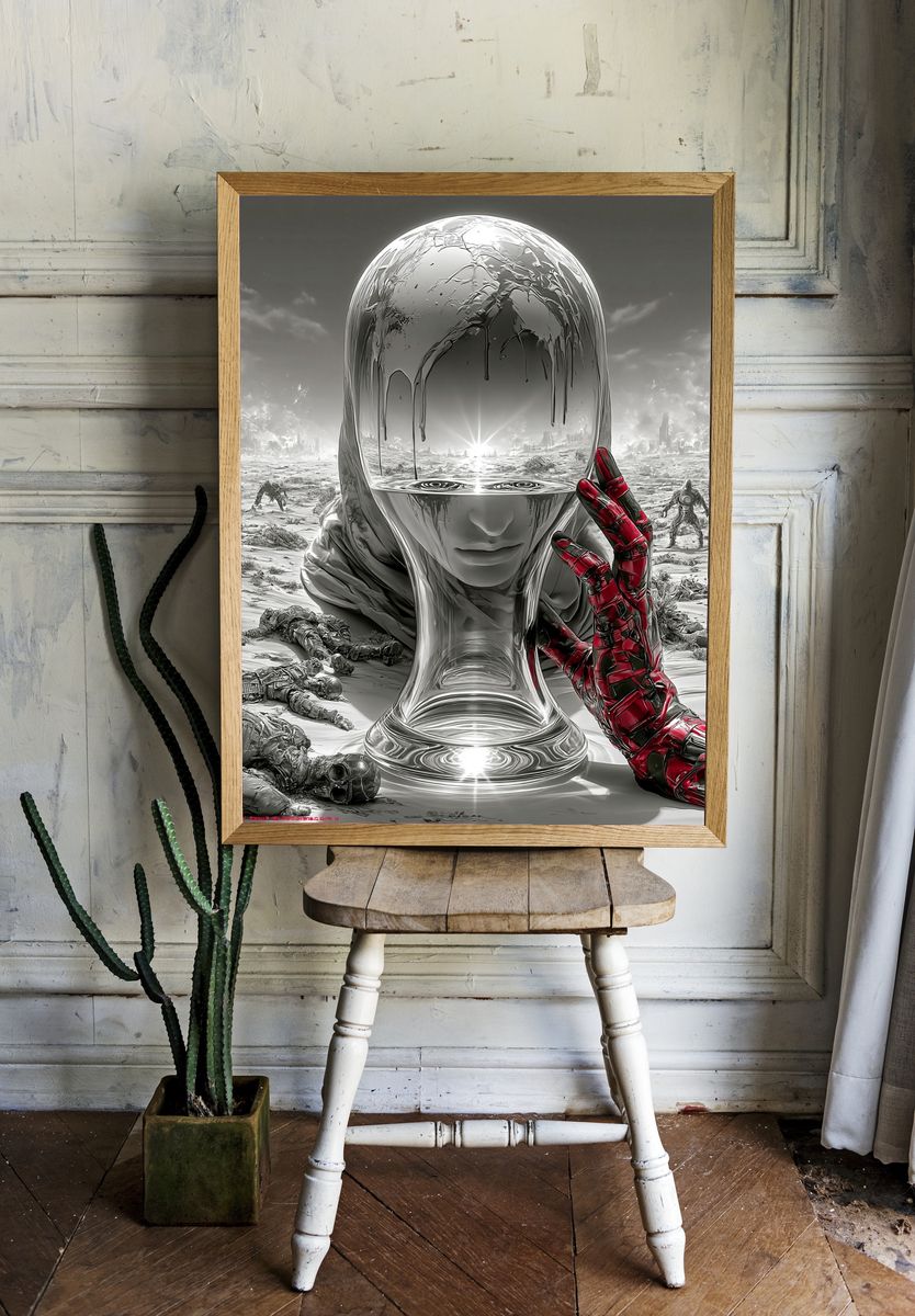 Surreal Chrome Head Sci-Fi Poster. — room view 1
