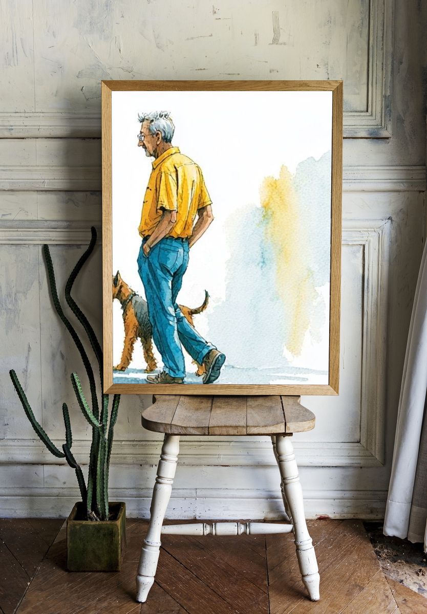 Man with Dog Watercolor Print. room preview