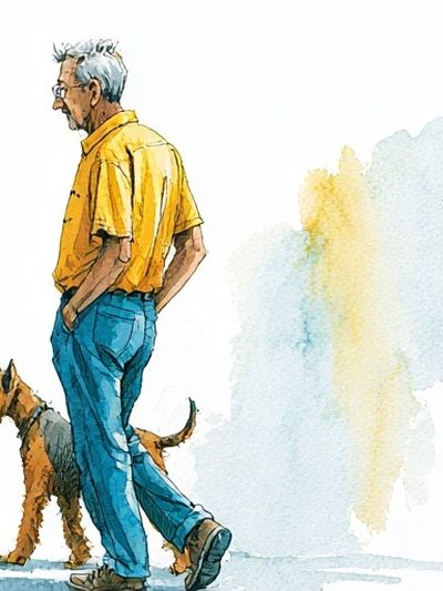 Man with Dog Watercolor Print. poster print