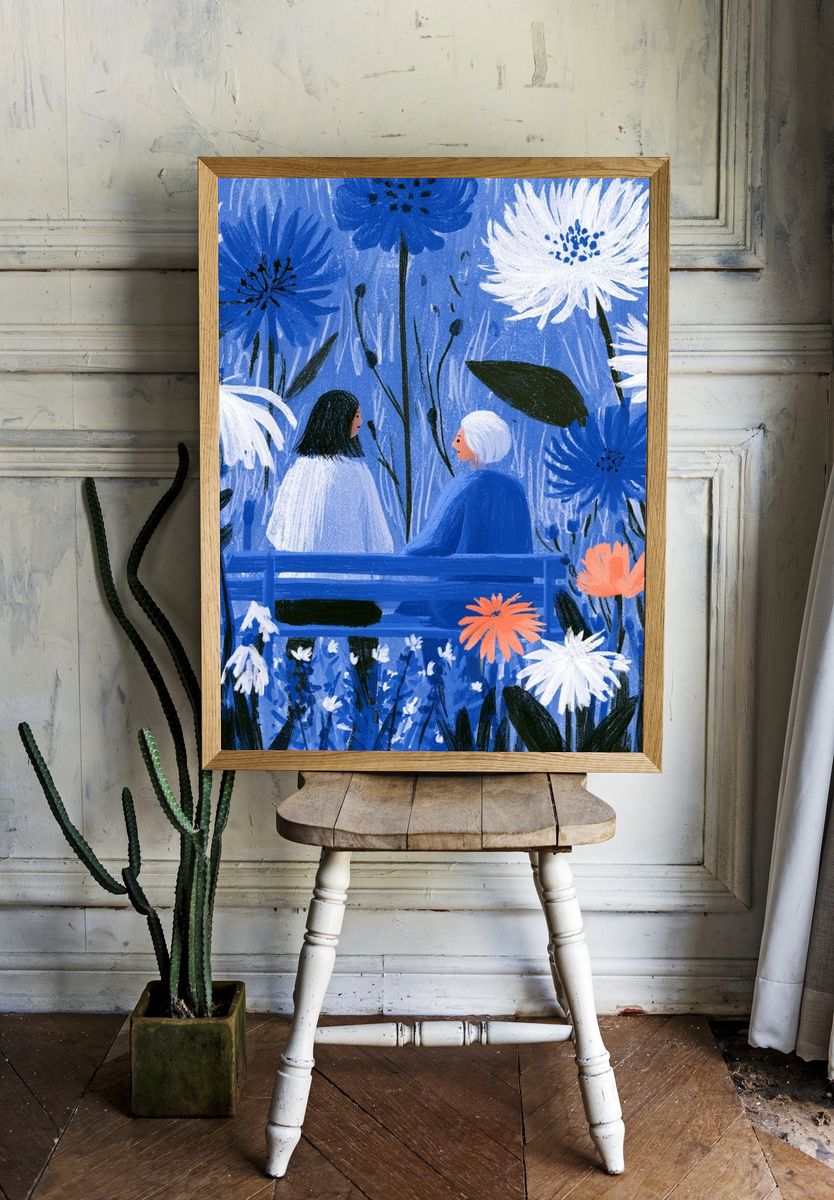 Blue Garden Conversation Illustration Poster. room preview
