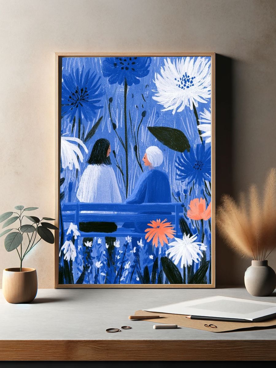 Blue Garden Conversation Illustration Poster. — room view 2