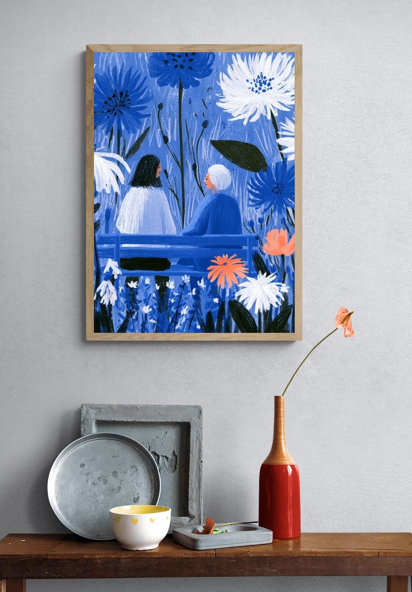 Blue Garden Conversation Illustration Poster. — room view 3