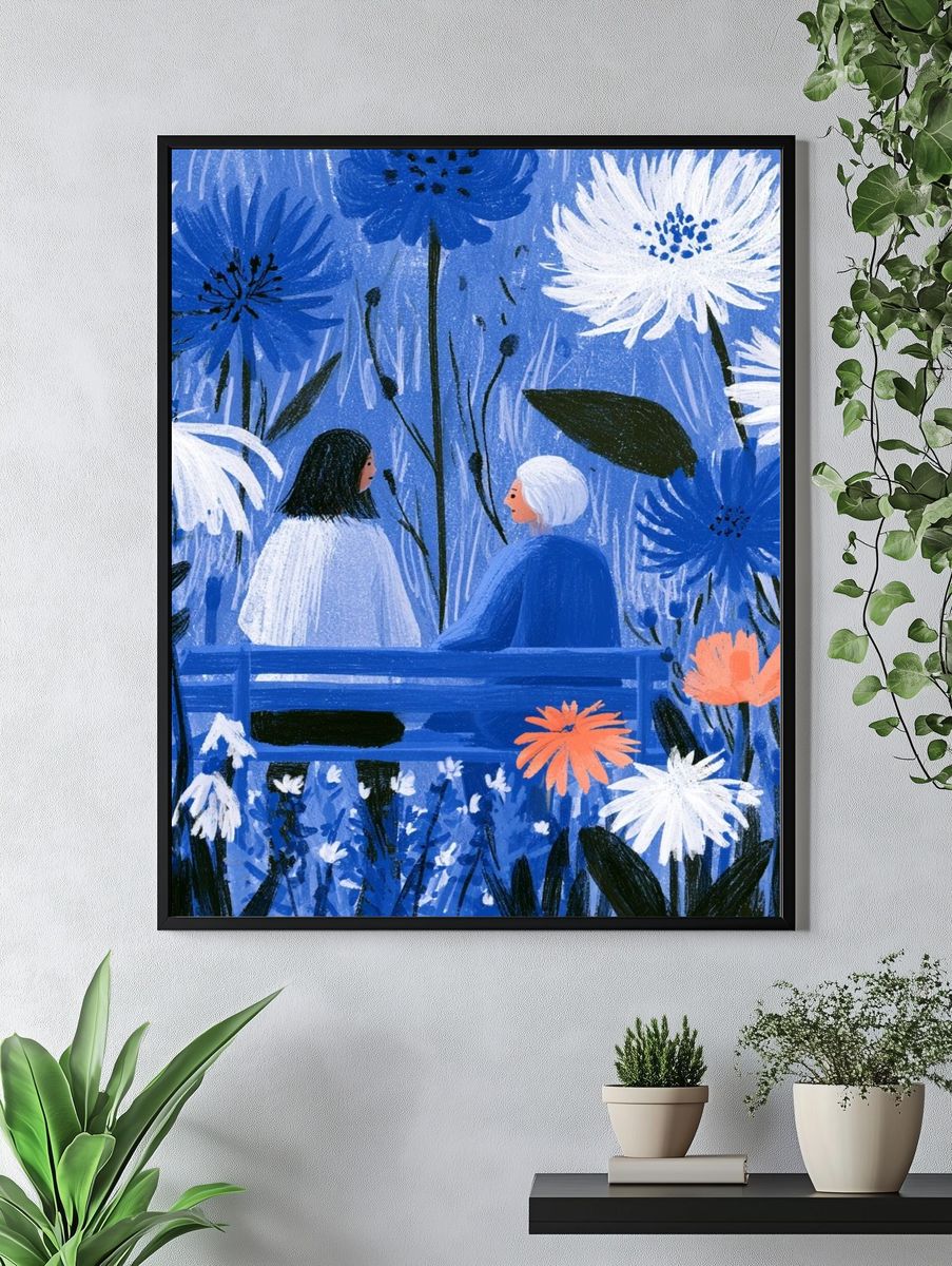Blue Garden Conversation Illustration Poster. — room view 4
