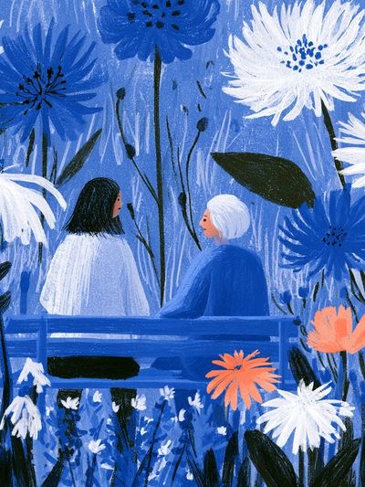 Blue Garden Conversation Illustration Poster.