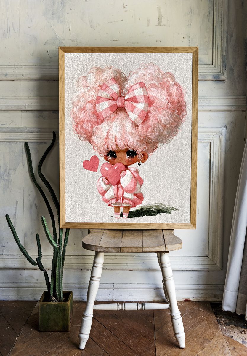 Pink Heart Doll Watercolor Print. — room view 1