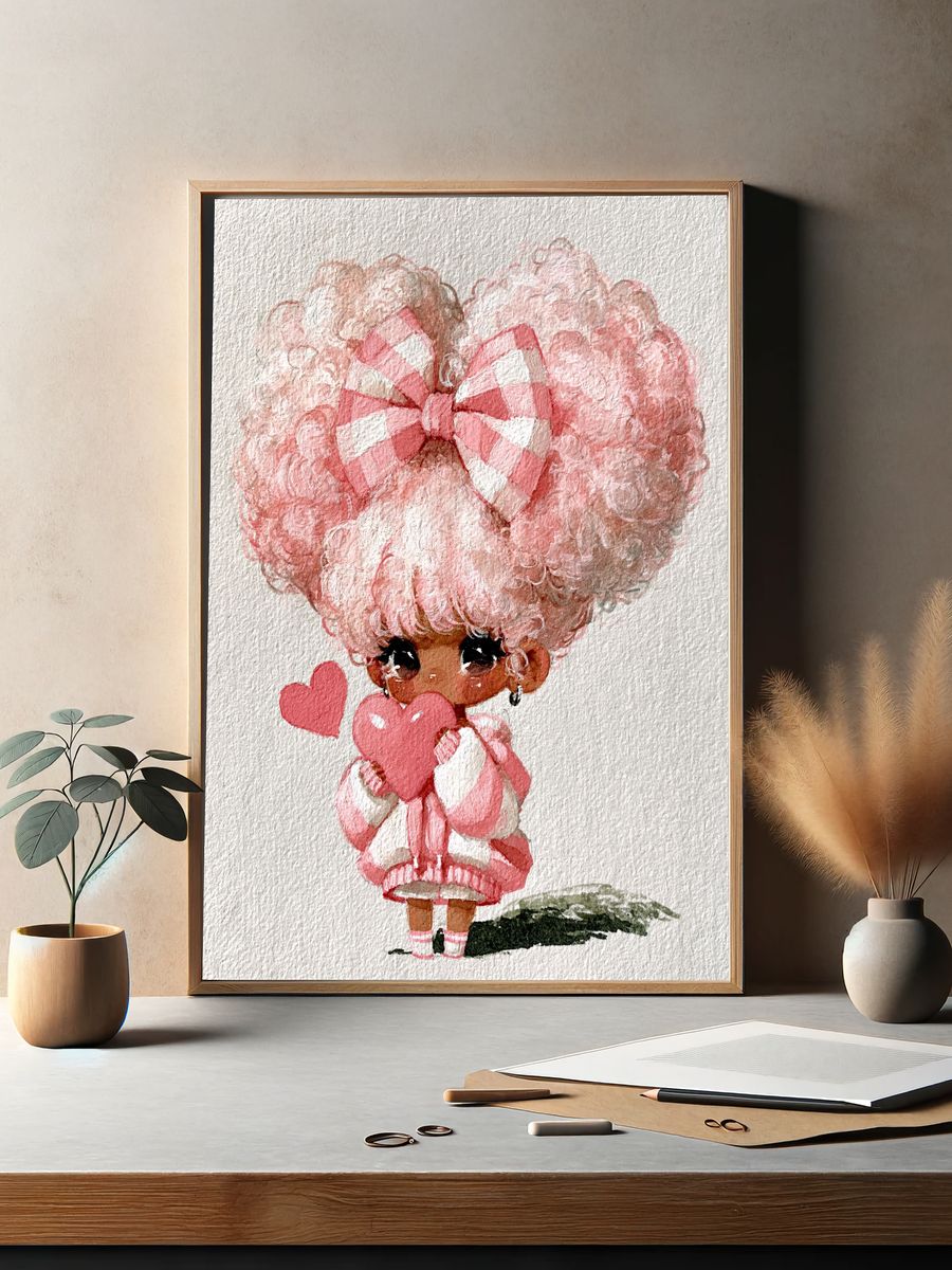 Pink Heart Doll Watercolor Print. — room view 2