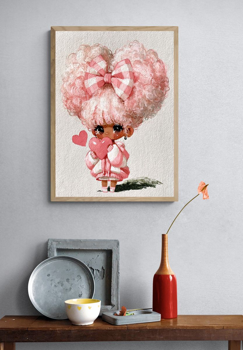 Pink Heart Doll Watercolor Print. — room view 3