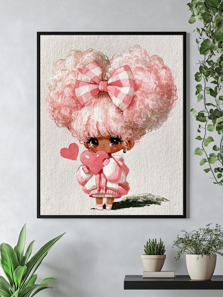 Pink Heart Doll Watercolor Print. — room view 4