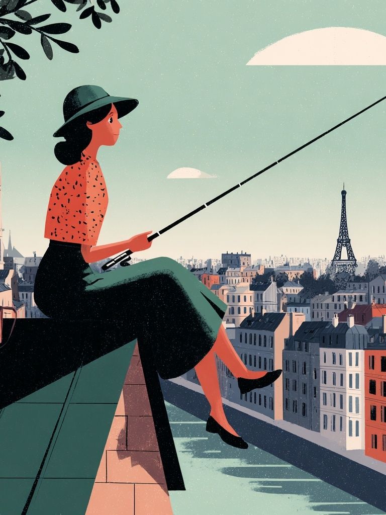 Paris Rooftop Fisherwoman Illustration Poster. poster detail