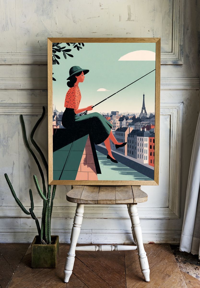Paris Rooftop Fisherwoman Illustration Poster. room preview