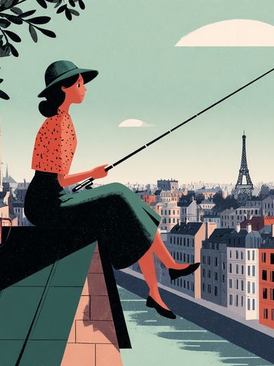 Paris Rooftop Fisherwoman Illustration Poster. poster