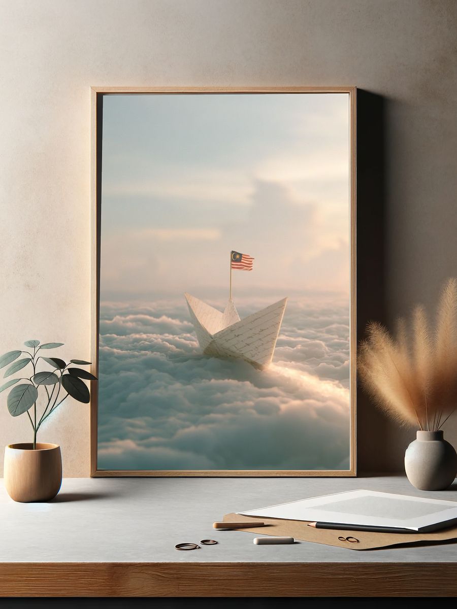 Paper Boat in the Clouds Print. — room view 2