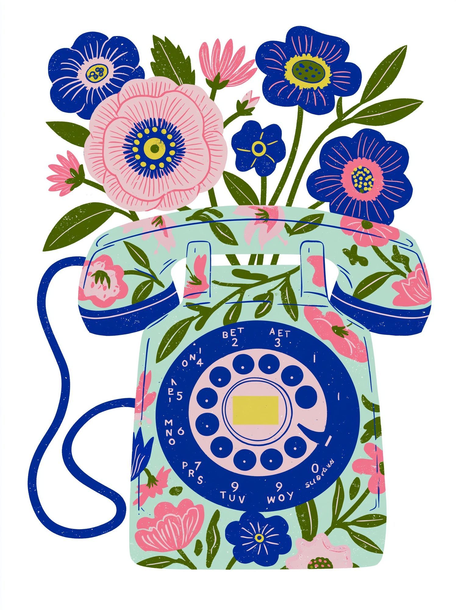Floral Rotary Phone Illustration Poster. poster detail