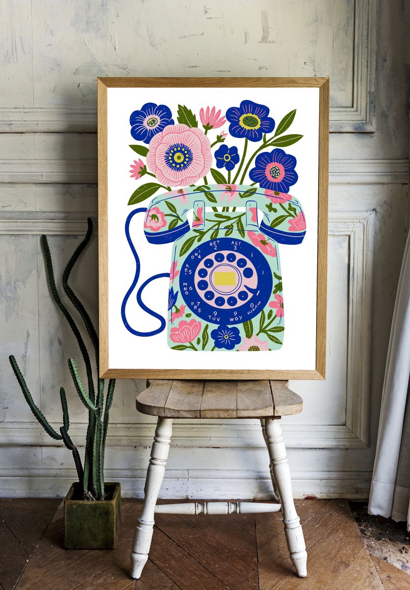 Floral Rotary Phone Illustration Poster. — room view 1