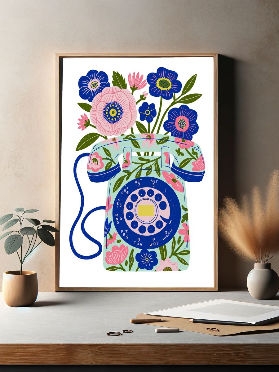 Floral Rotary Phone Illustration Poster. — room view 2
