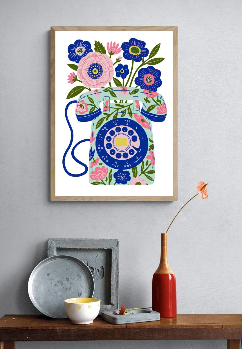 Floral Rotary Phone Illustration Poster. — room view 3