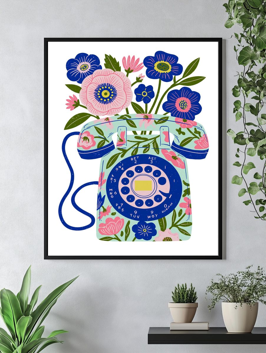 Floral Rotary Phone Illustration Poster. — room view 4