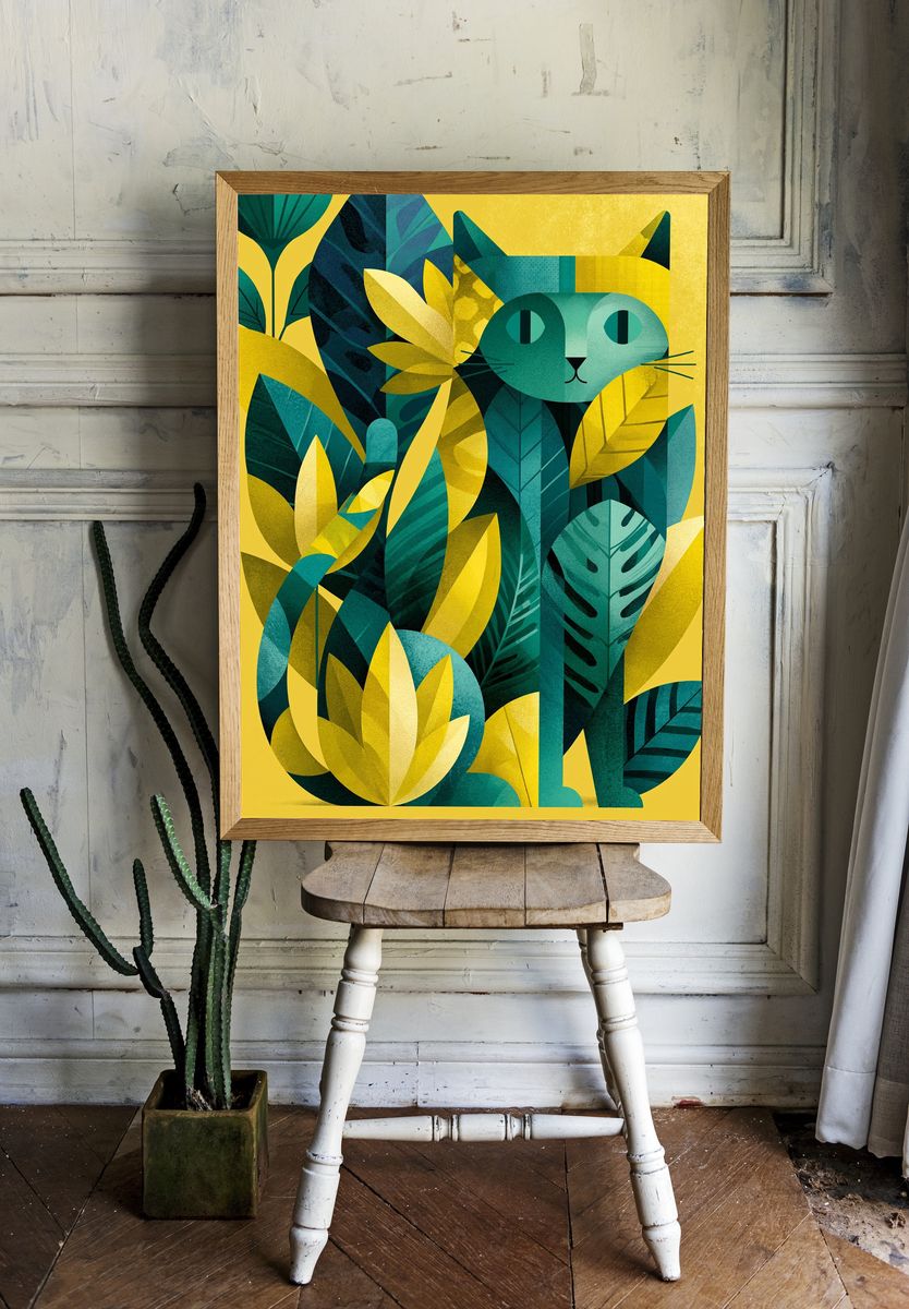 Jungle Cat Botanical Poster. room preview