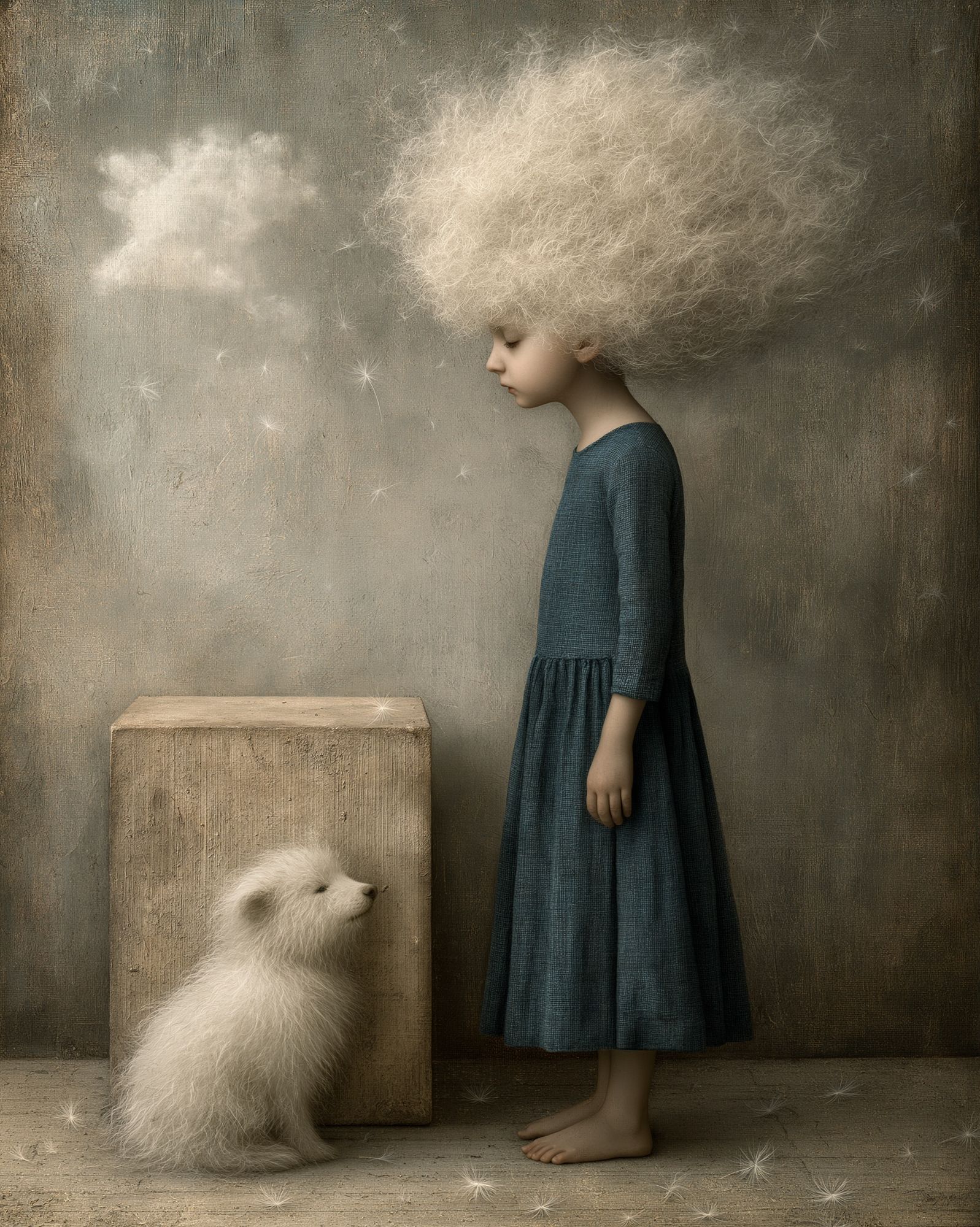 Dreamy Girl and Puppy Illustration Poster. poster detail