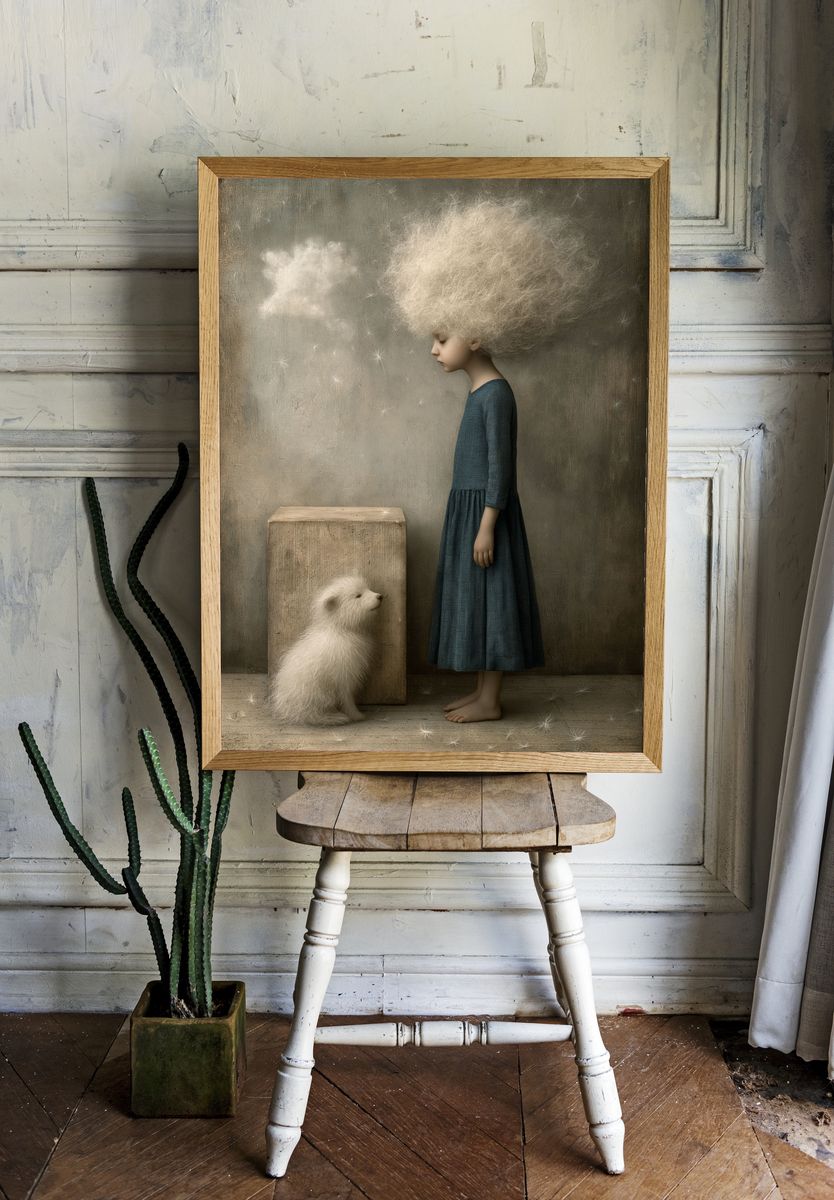 Dreamy Girl and Puppy Illustration Poster. room preview