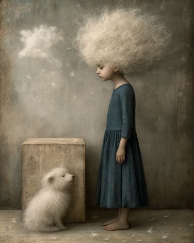 Dreamy Girl and Puppy Illustration Poster.