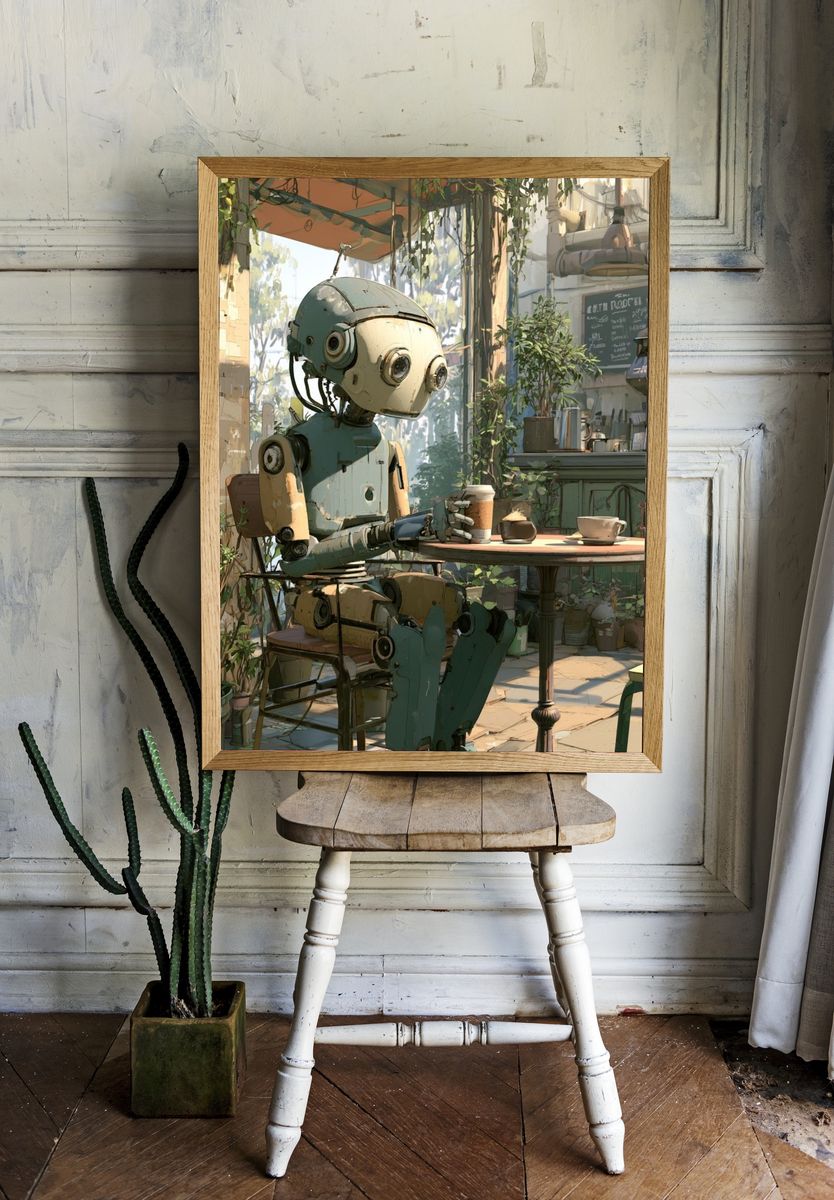Robot Café Scene Illustration Poster. room preview