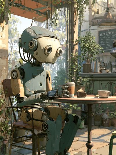Robot Café Scene Illustration Poster.