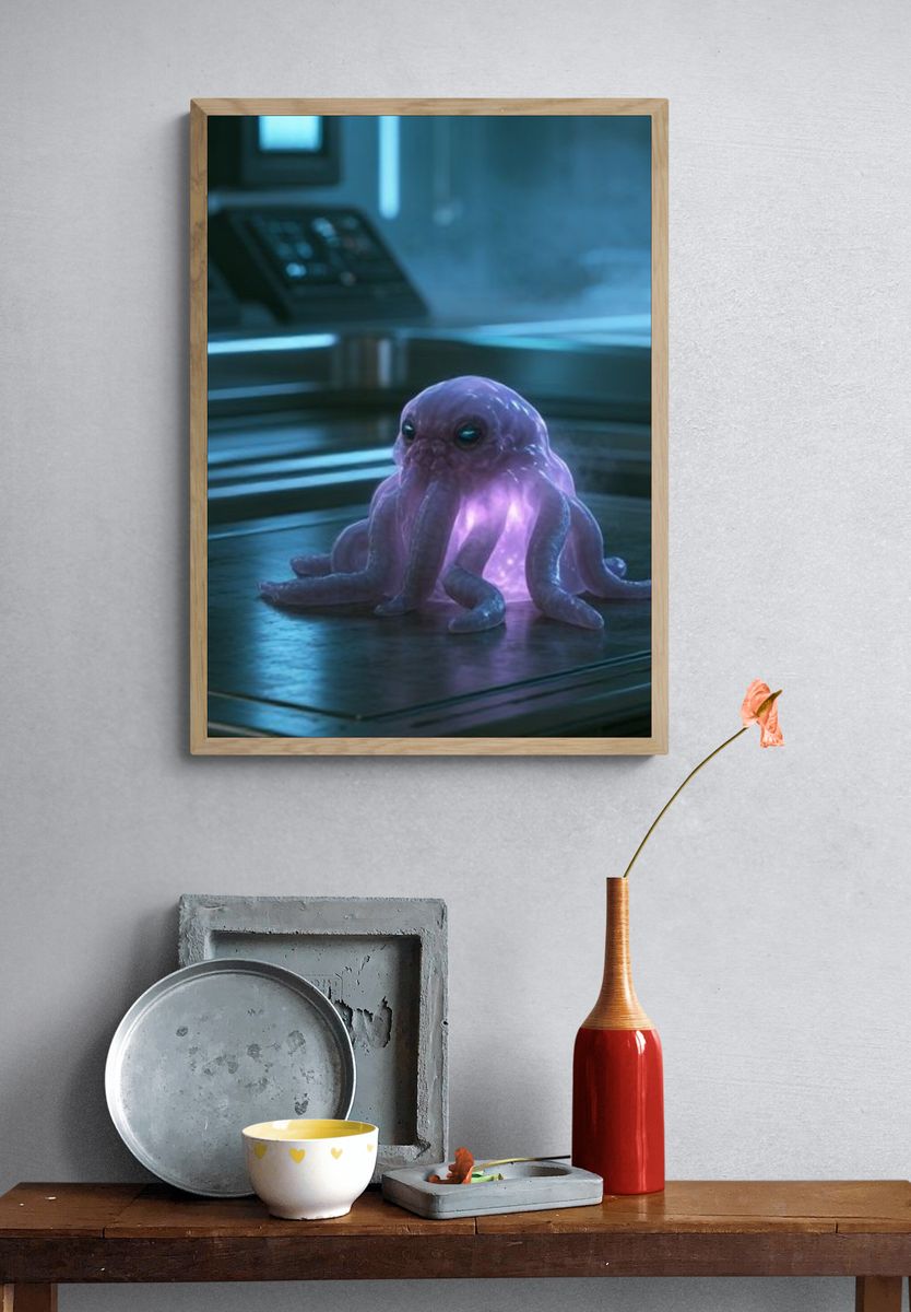 Glowing Alien Octopus Illustration Poster. — room view 3