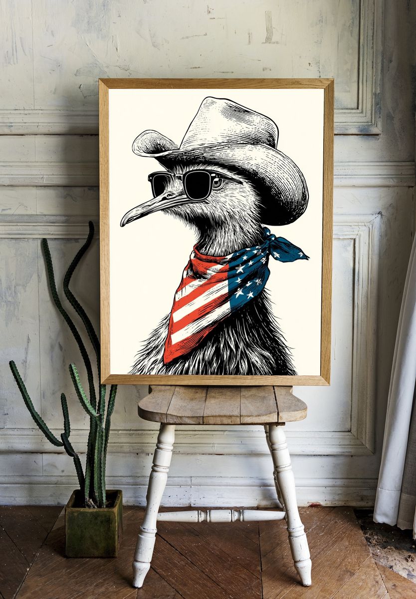 Cowboy Ostrich Illustration Poster. — room view 1
