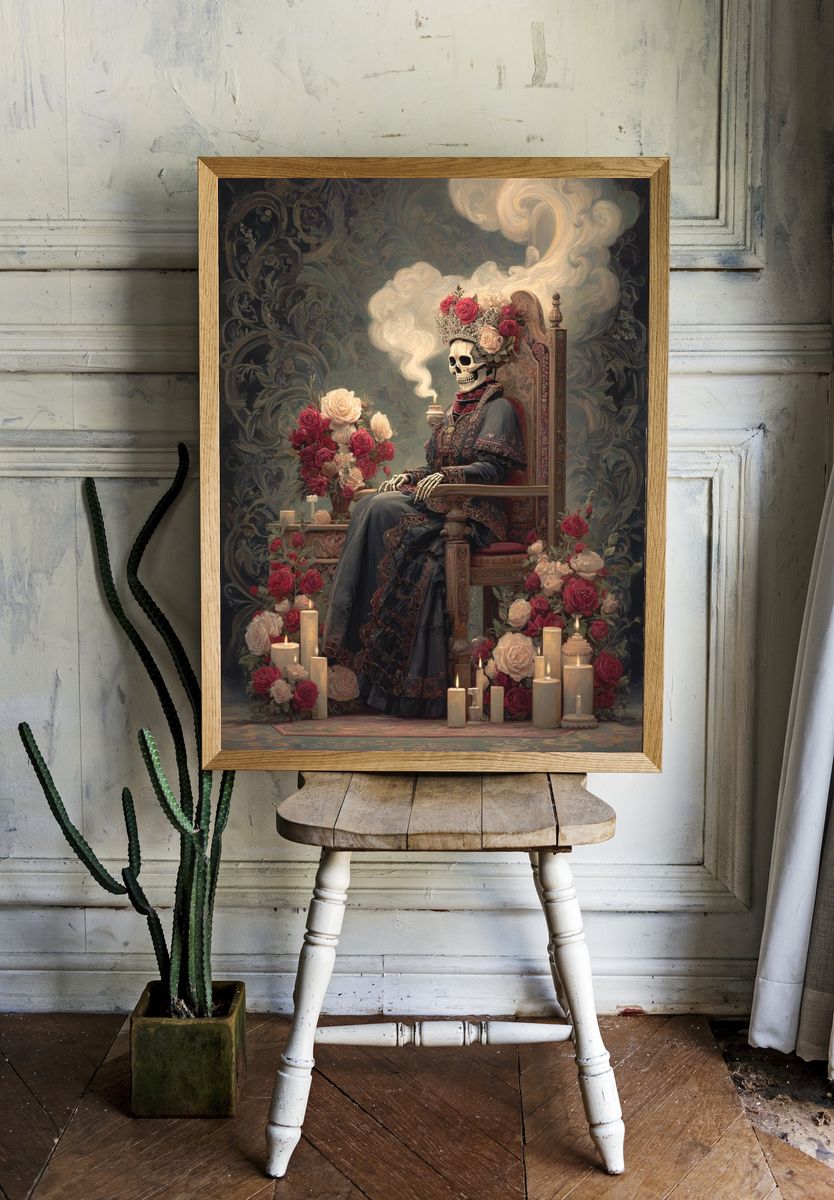 Skeleton Queen with Roses Print. room preview