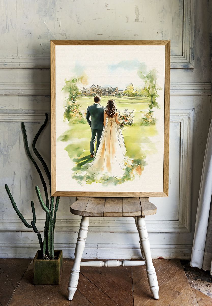 Wedding Couple Watercolor Print. — room view 1