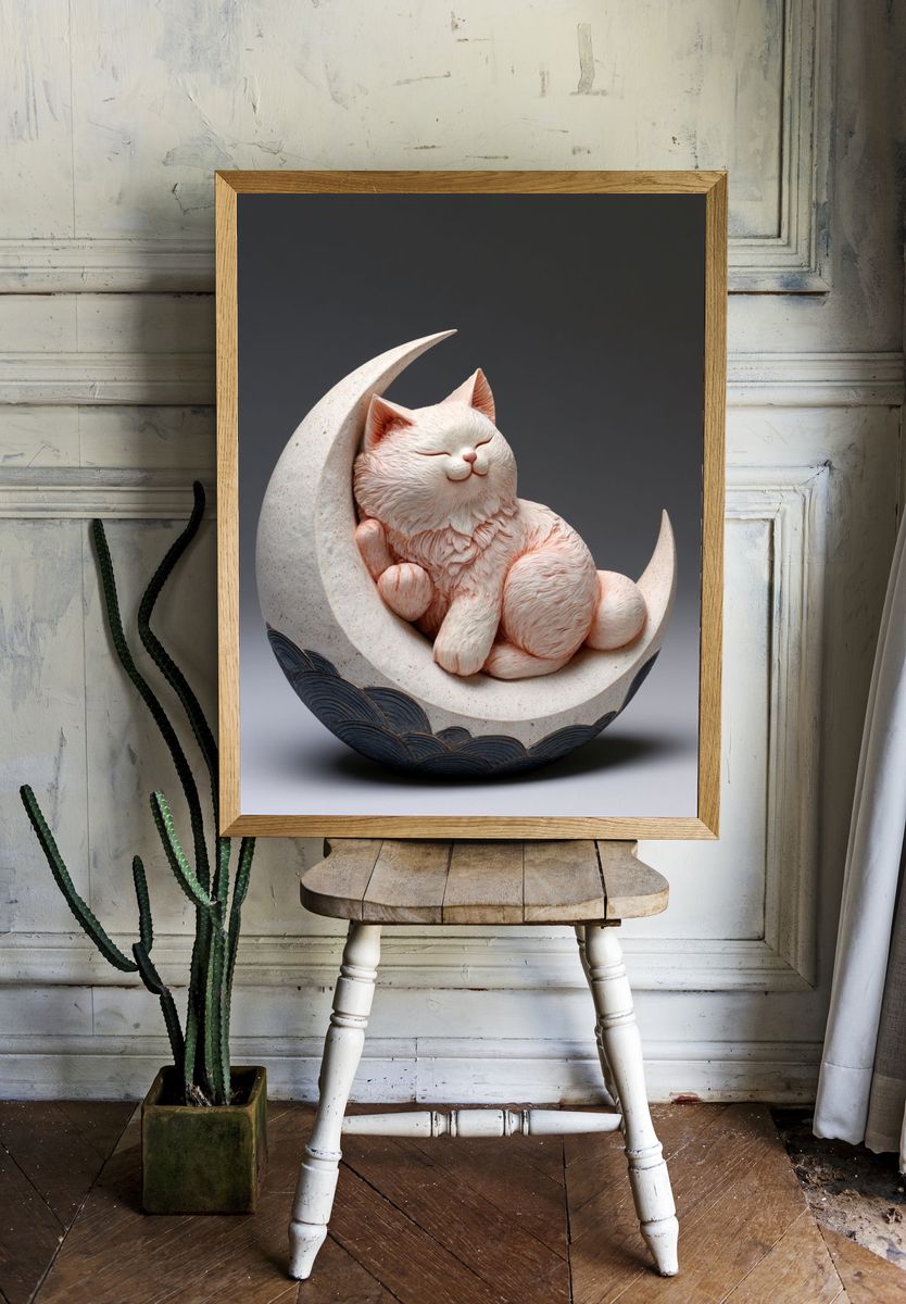 Sleeping Cat Moon Illustration Poster. — room view 1