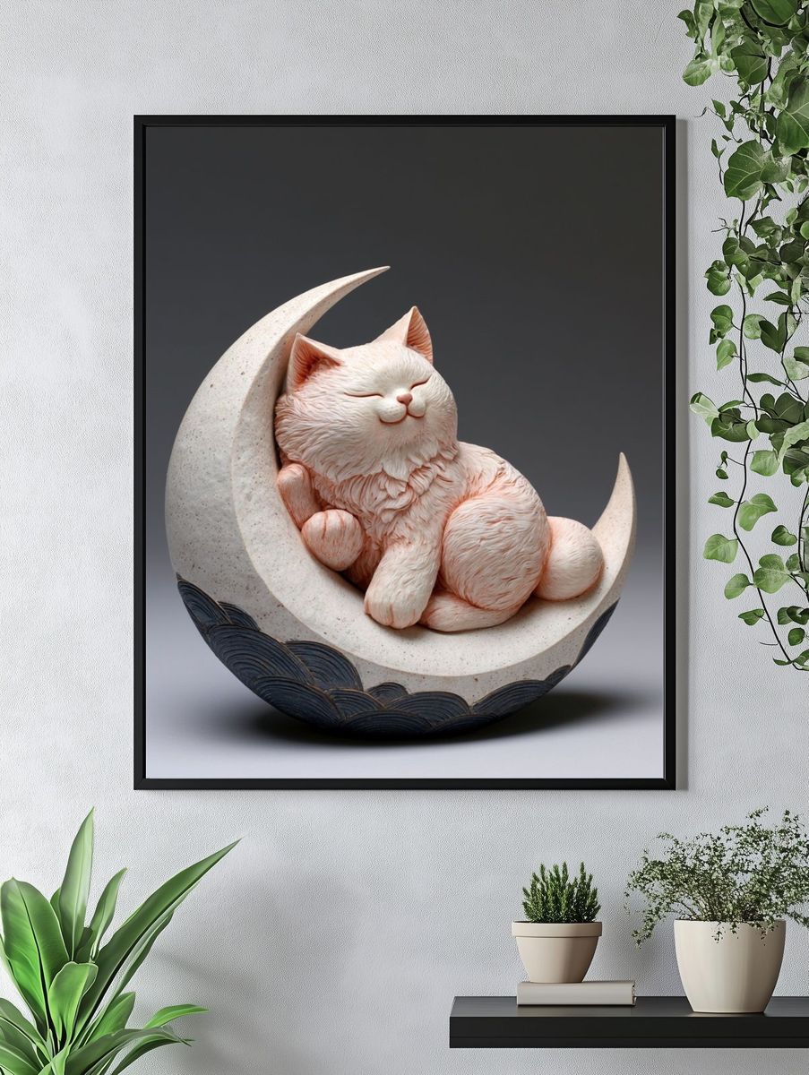 Sleeping Cat Moon Illustration Poster. — room view 4