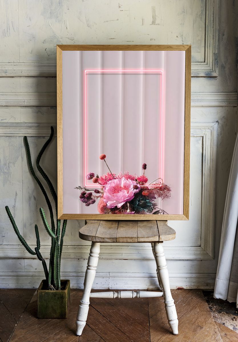 Blank floral neon rectangle frame. room preview