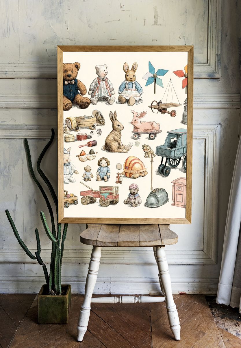 Vintage Toy Animals Illustration Poster. room preview