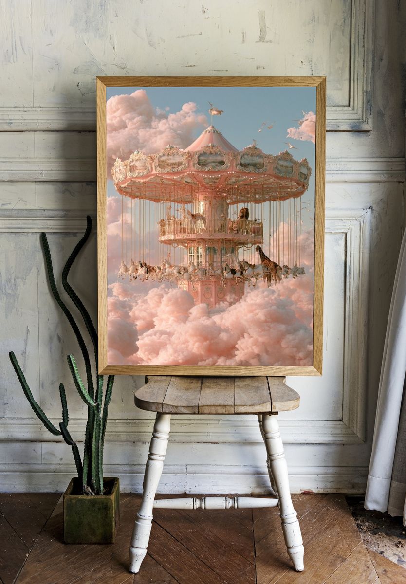 Dreamy Carousel in Clouds Poster. room preview