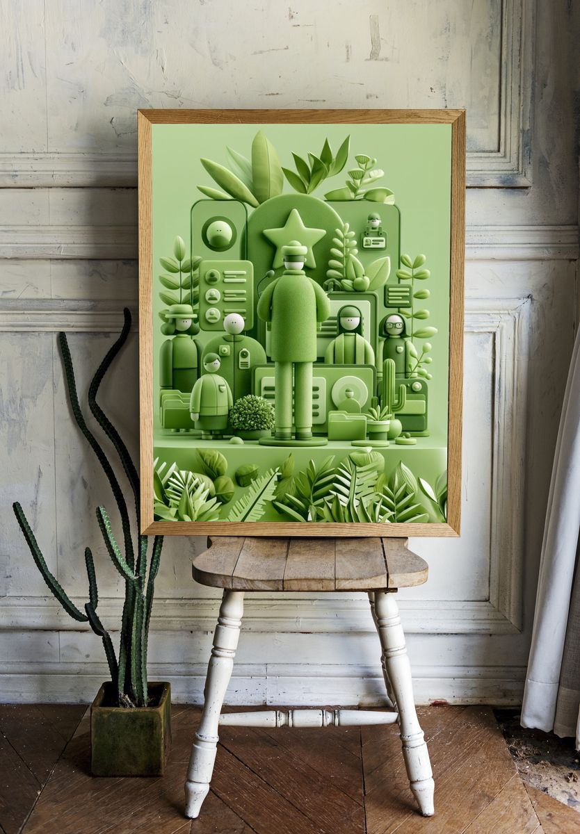 Green Paper Cut People Illustration Poster. — room view 1