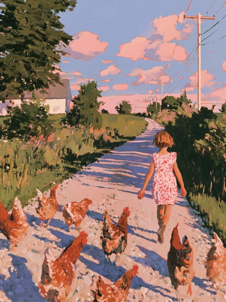 Country Walk with Chickens Print. poster detail